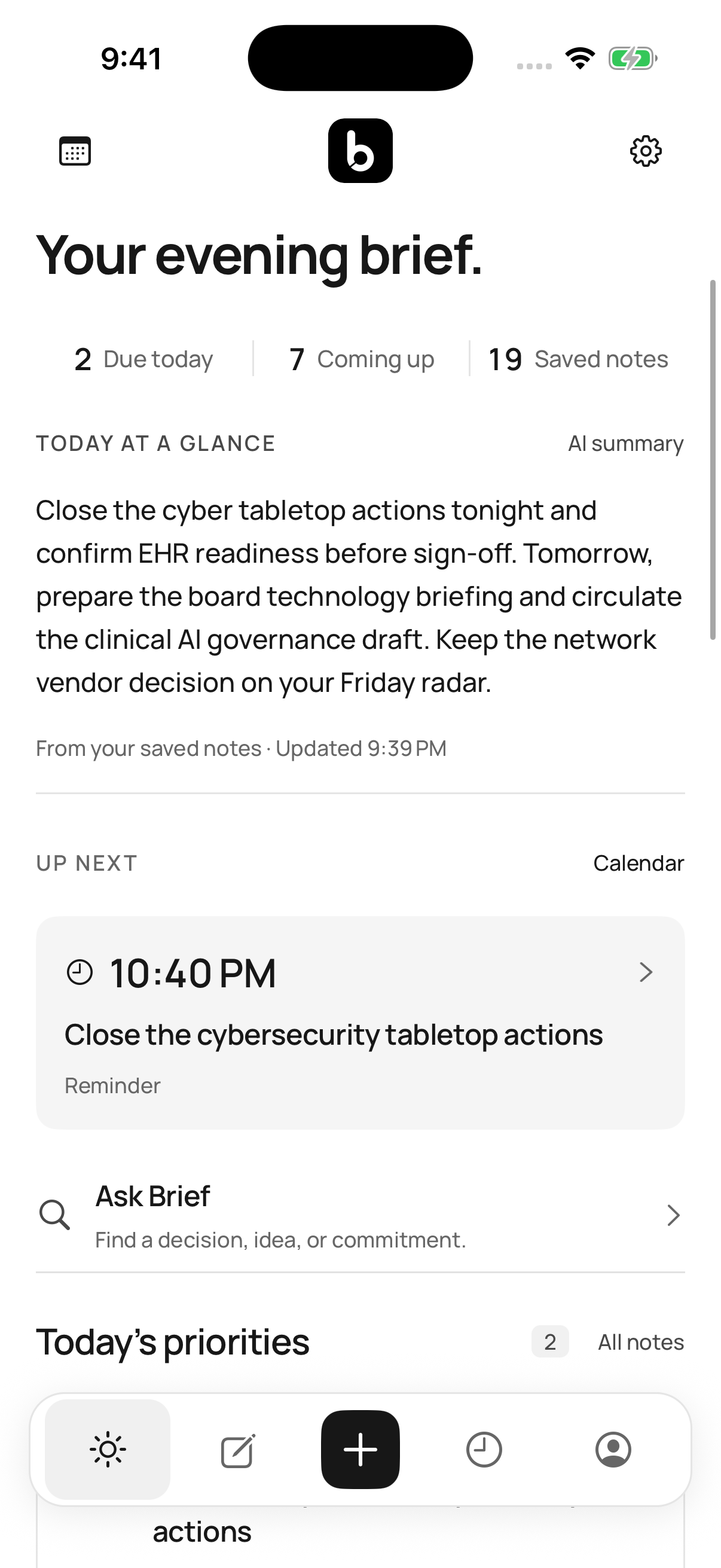 Brief on iPhone showing the daily overview, upcoming reminder, Ask Brief, and saved-note priorities.